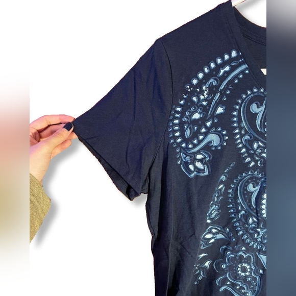 Blue Printed Short Sleeve VNeck Top, Size L - Picture 3 of 5